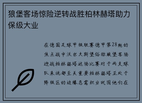 狼堡客场惊险逆转战胜柏林赫塔助力保级大业