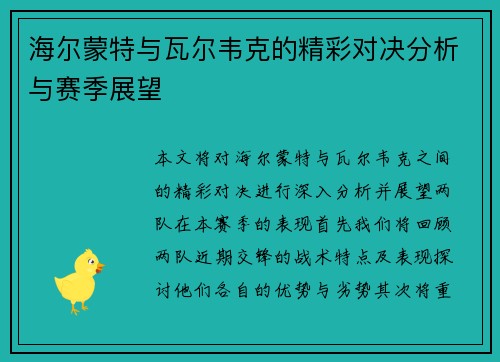 海尔蒙特与瓦尔韦克的精彩对决分析与赛季展望